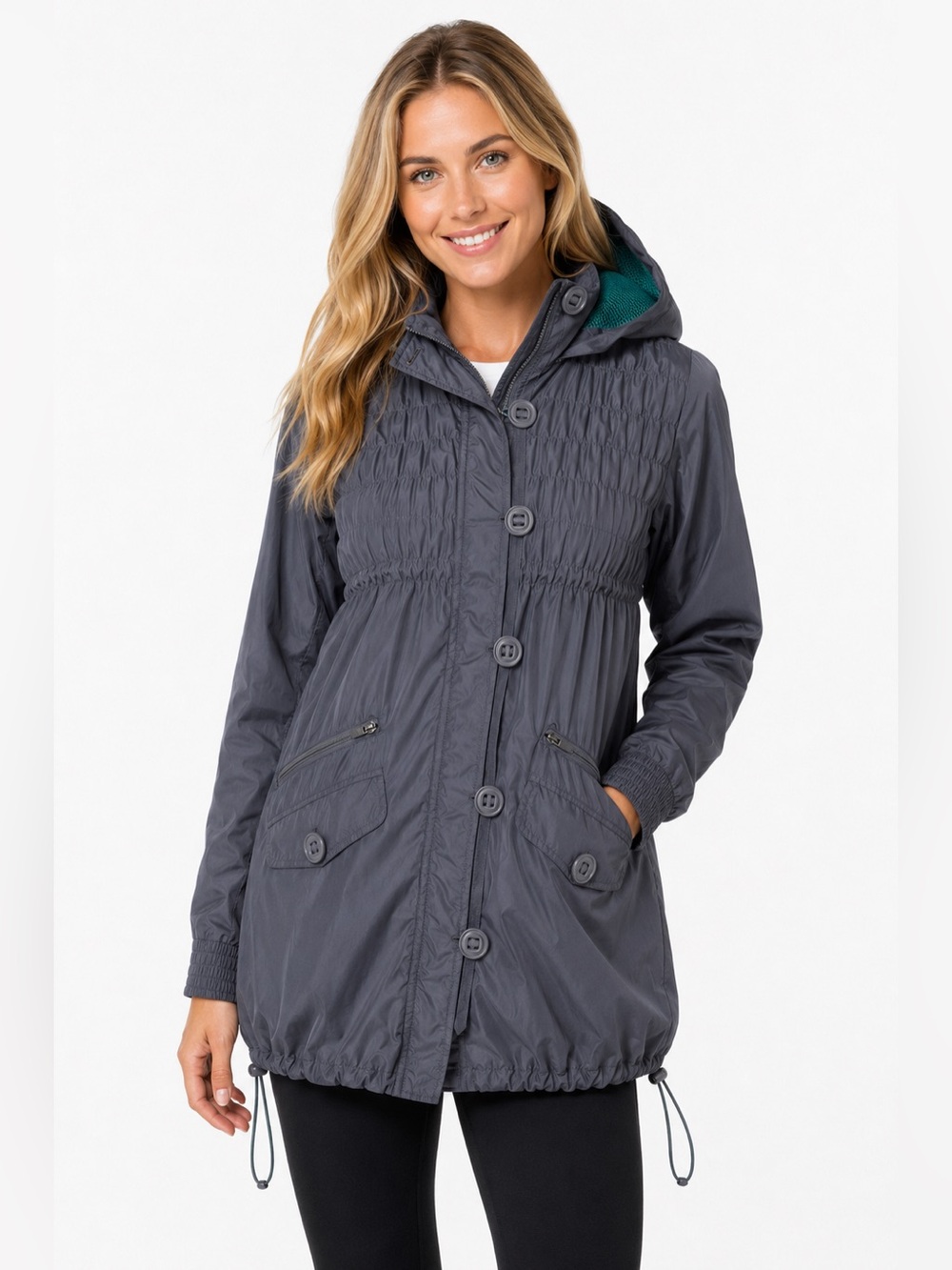 Athleta Shock Cord Anorak Jacket XS Gray Stowaway Hood Rain Windbreaker Utility